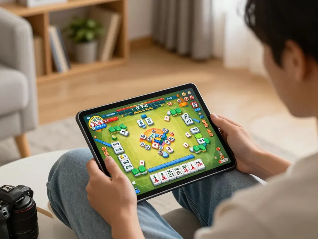 Playing Mahjong Ways on a tablet during a relaxed gaming session at home, showcasing strategic moments.