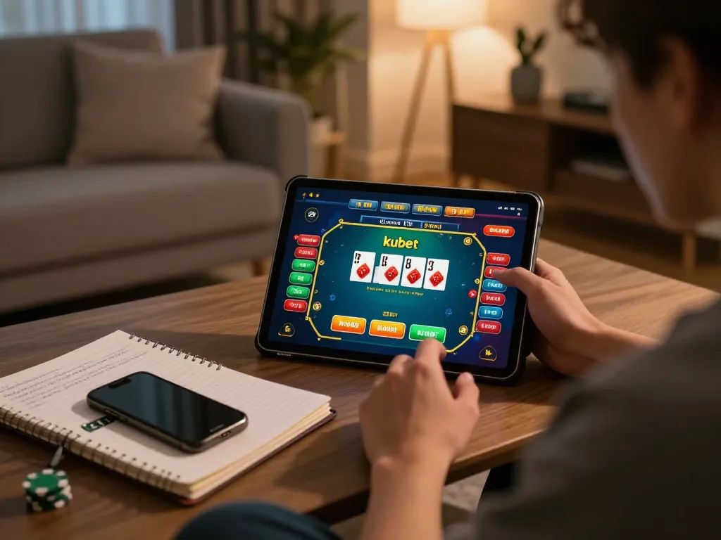 Engaging online gameplay on kubet platform in cozy home setting, showcasing poker betting interface.