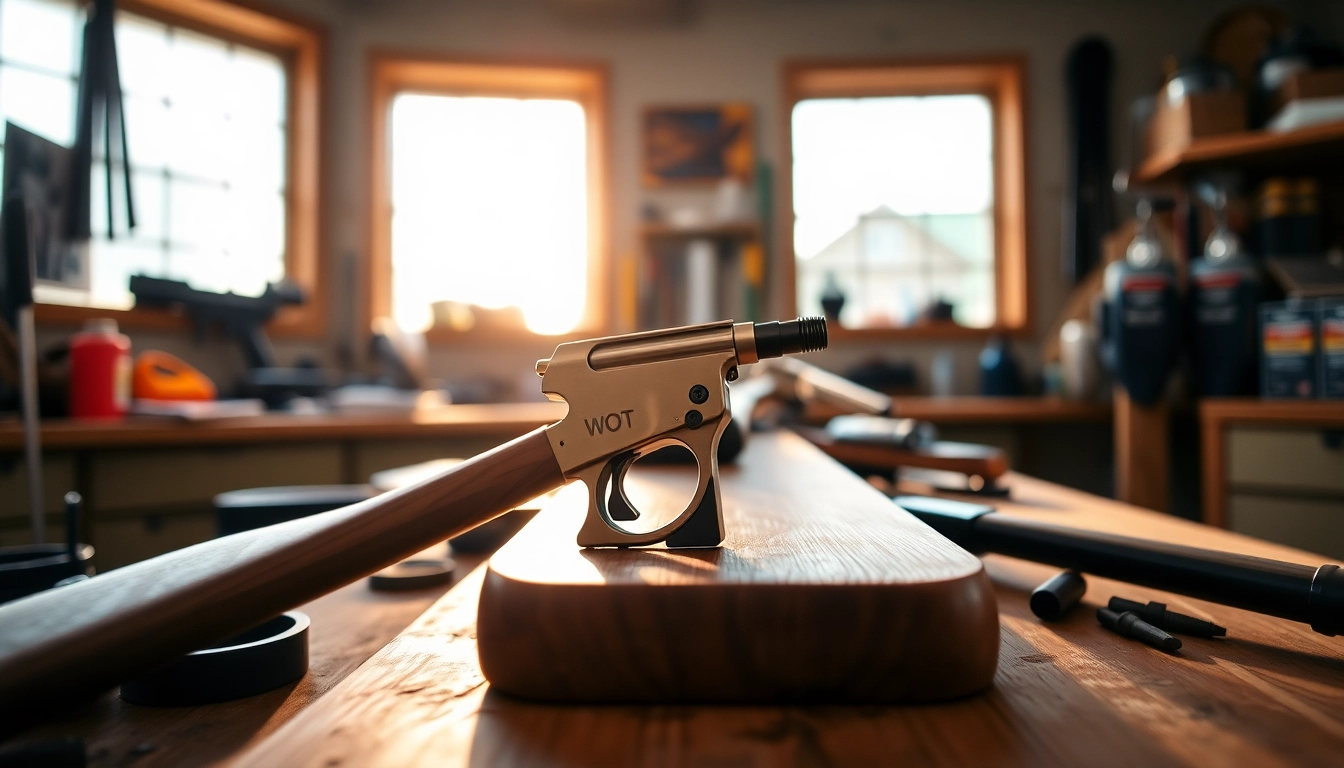 WOT trigger showcasing detailed craftsmanship and design on a workshop bench
