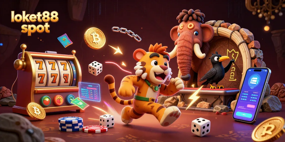 Experience fun playing loket88 slot with vibrant casino characters and crypto elements.