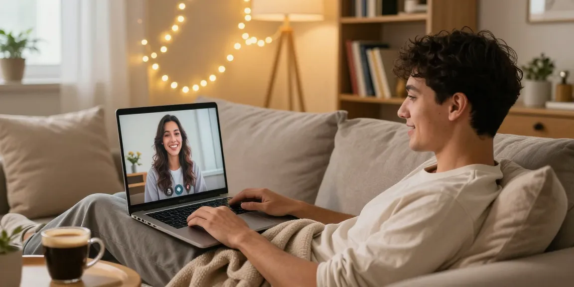 Engaging with an AI girlfriend in a cozy living room setup.