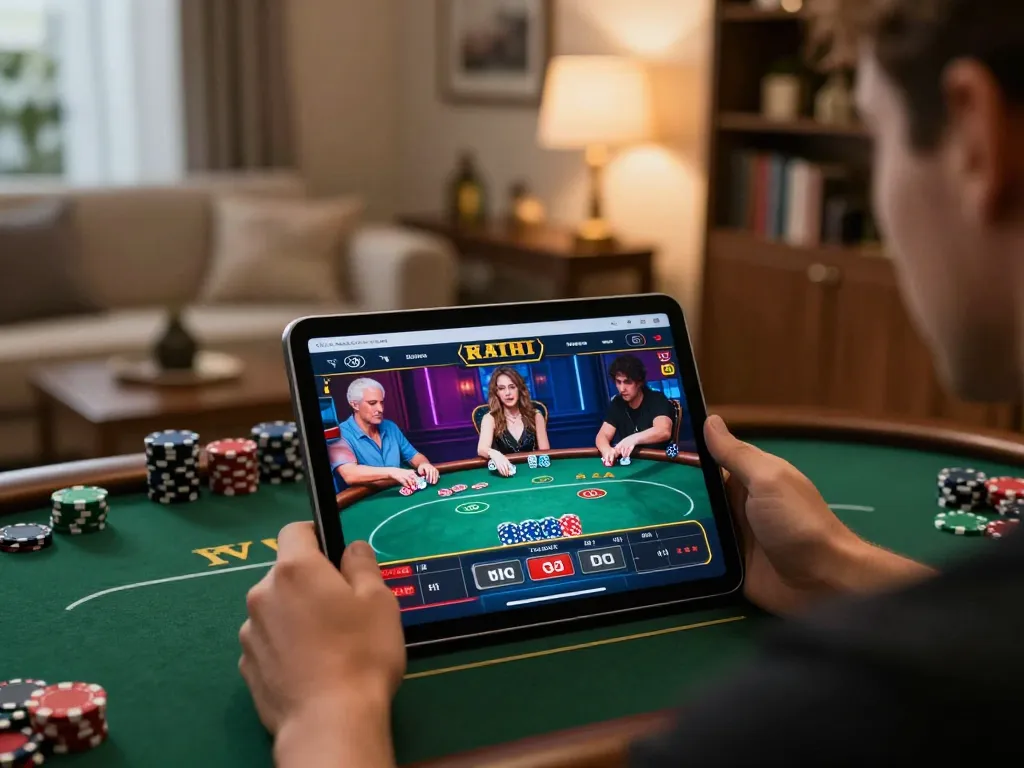 Engaging in online poker at home with tablet showcasing TG88 game interface and strategic notes.
