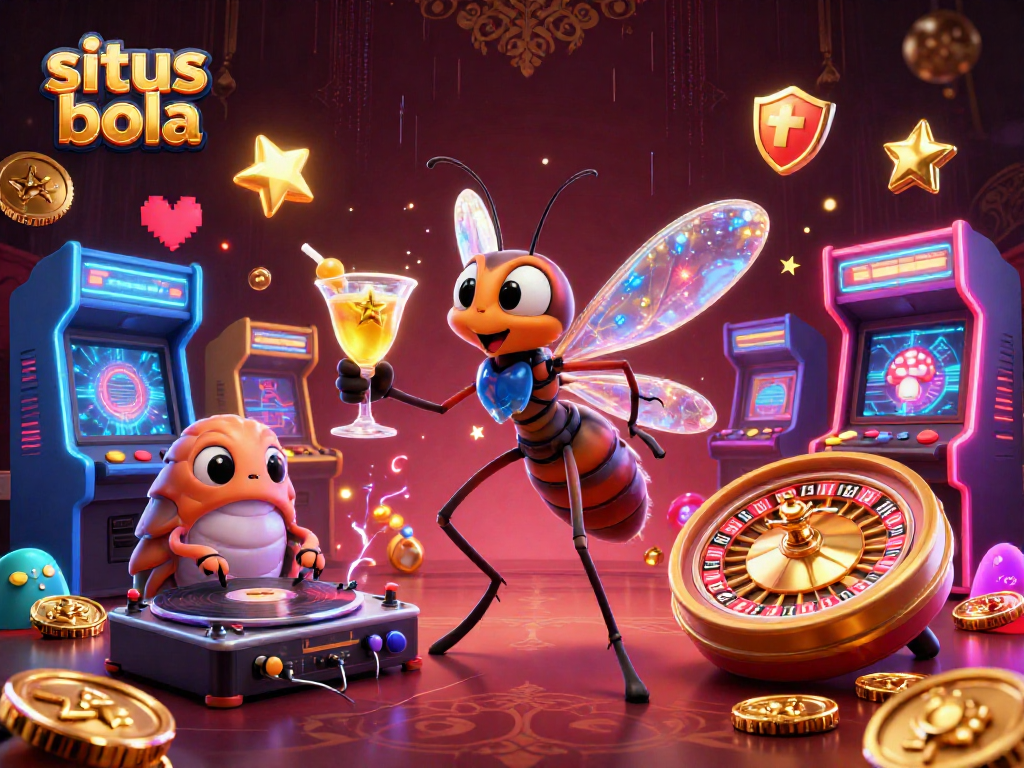 Experience thrilling moments at situs bola with a 3D cartoon illustration of a casino mascot and vibrant gaming elements.