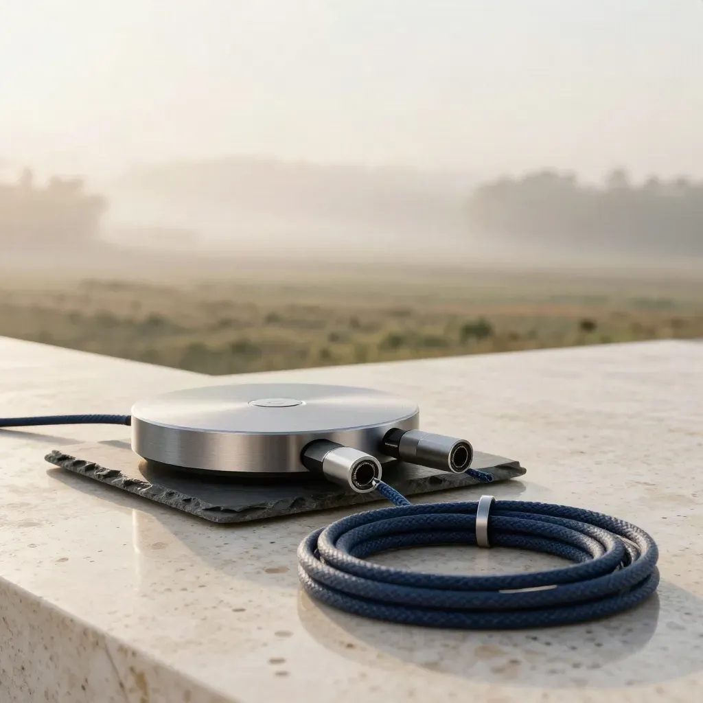 Brushed-aluminum network hub with braided cable and adapters on travertine in soft morning mist.