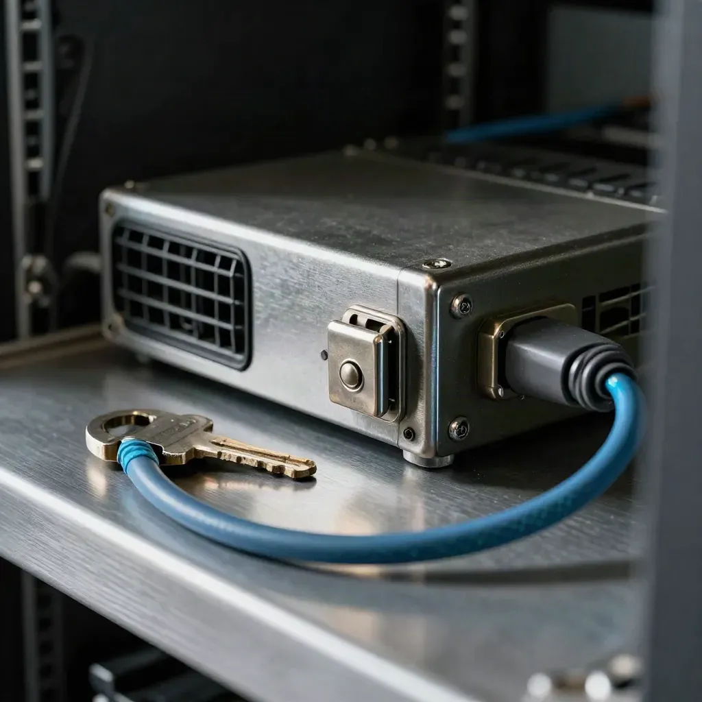 Rack latch, server key, patch cable loop and pager on brushed steel in dim equipment-room light