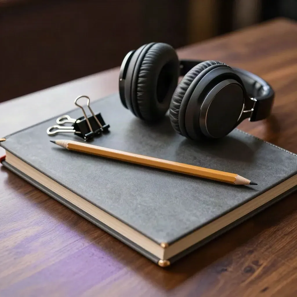 Closed binder, headphones, pencil and clip stack on walnut in soft overhead light