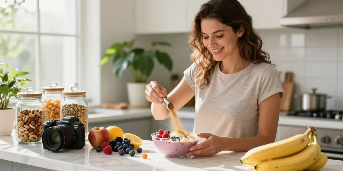 Woman preparing a smoothie bowl with antioxidant supplement Canada, fresh fruits, and nuts.