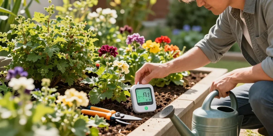 Gardener using a rainpoint wifi water timer to check plant moisture levels in a vibrant garden.