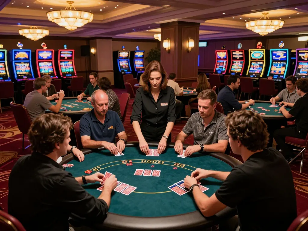 S666 players enjoying poker at a luxurious casino table under warm lighting.