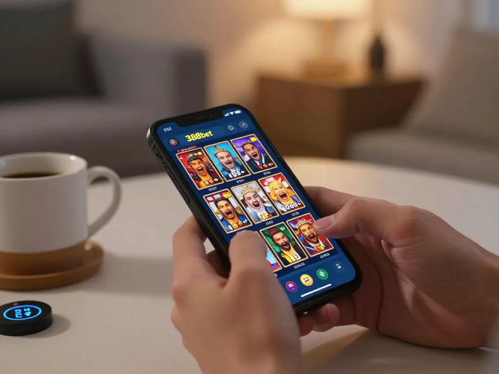 Engaging with the 388bet casino app on a smartphone, showcasing slot games and responsible gaming practices.