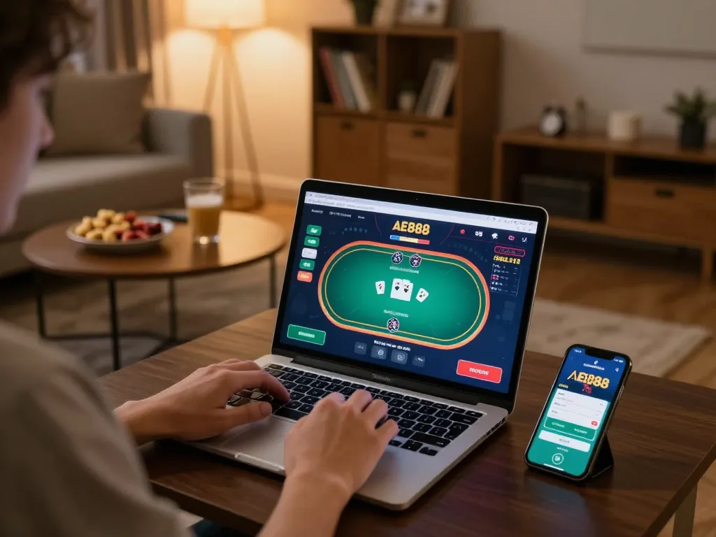Player enjoying AE888 COM poker game on laptop in cozy home setting with warm lighting.