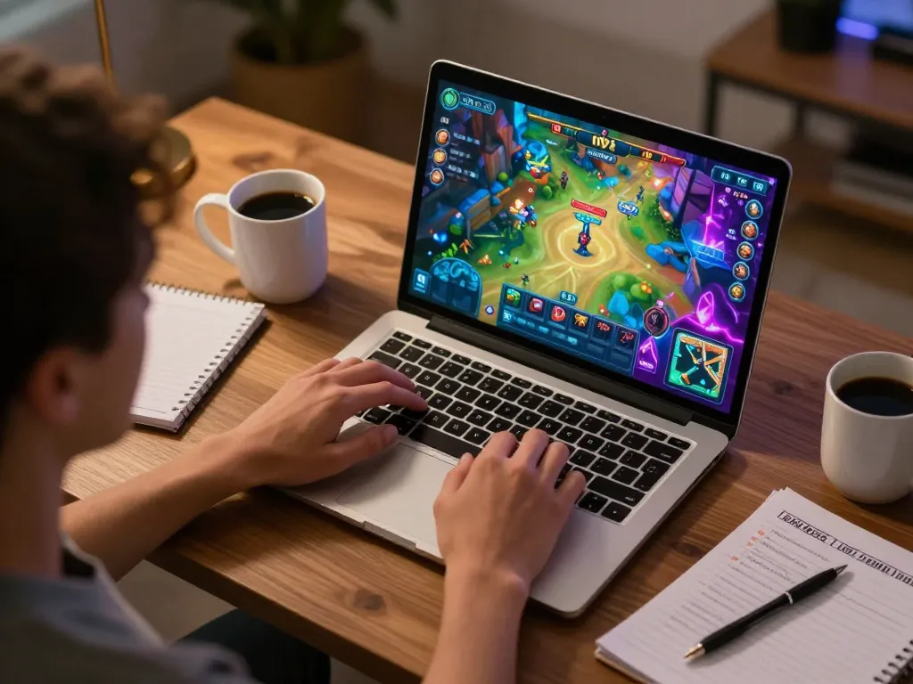 Engaging session of สล็อตทดลอง on laptop showcasing colorful game interface and cozy home setting