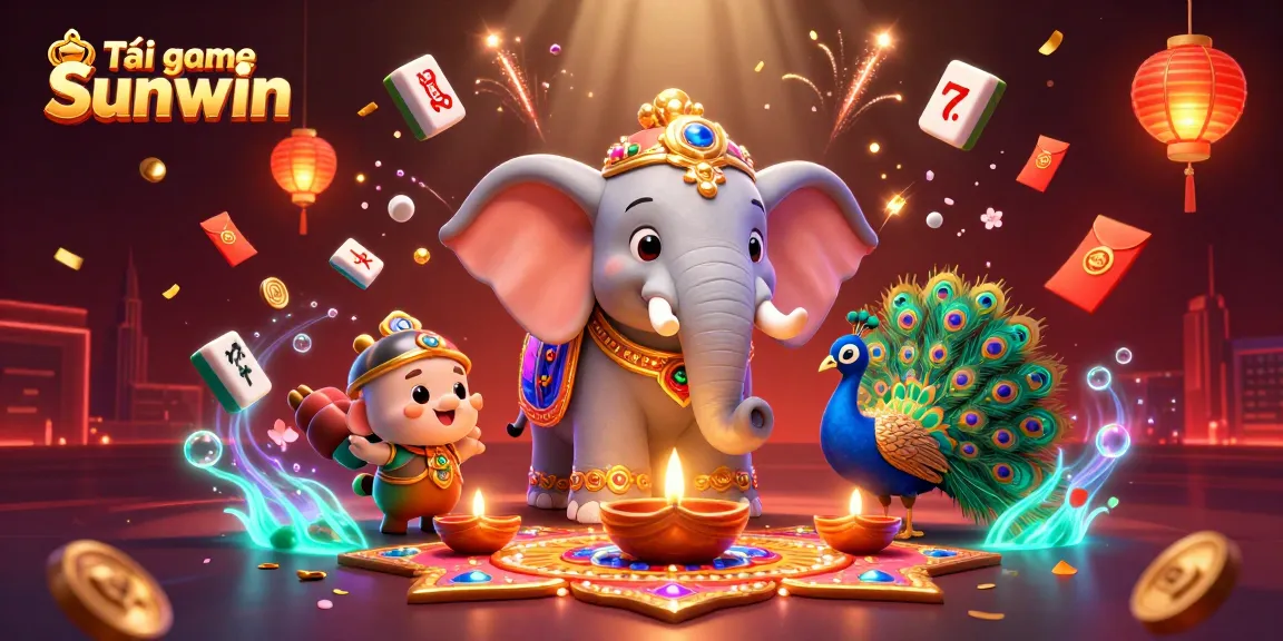 Tải game Sunwin with visually stunning 3D illustration featuring a colorful elephant and peacock amongst vibrant casino elements.