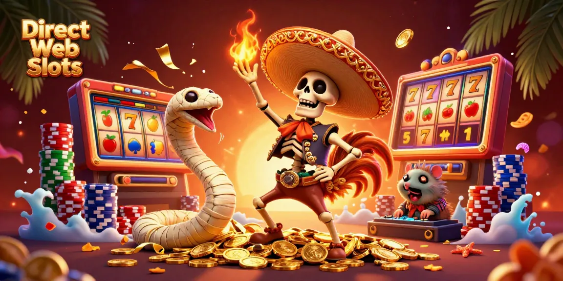 Engage in thrilling Direct Web Slots excitement as a skeleton mariachi celebrates amidst vibrant, dynamic casino elements.