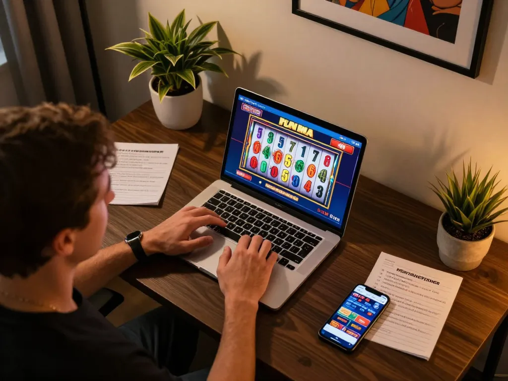Player spinning slot reels on a laptop, showcasing dynamic online gambling experience with strategic notes.