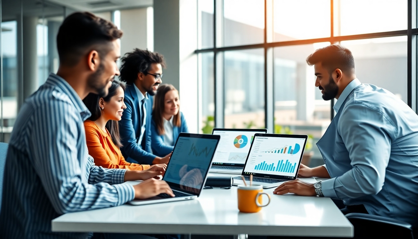 Collaborative team using enterprise assistant SaaS tools in a modern office setting.