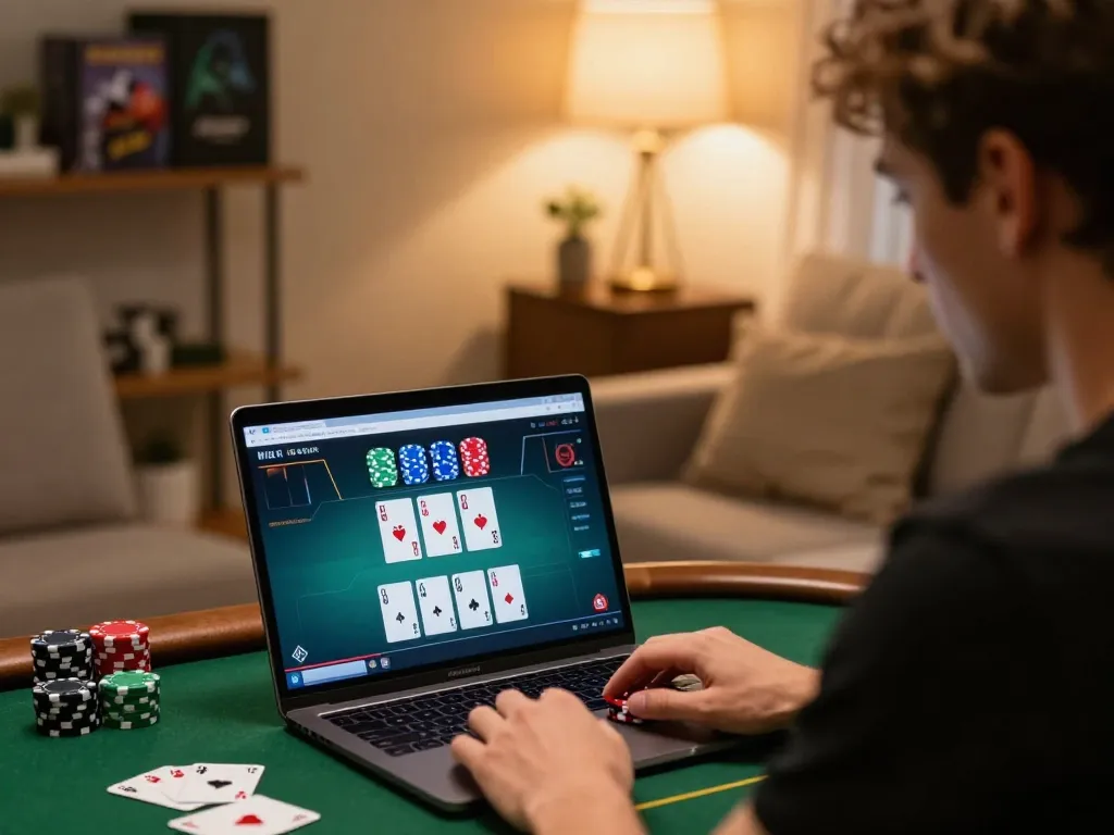 Engaging with mau777 link alternatif during an exciting online poker game at home.