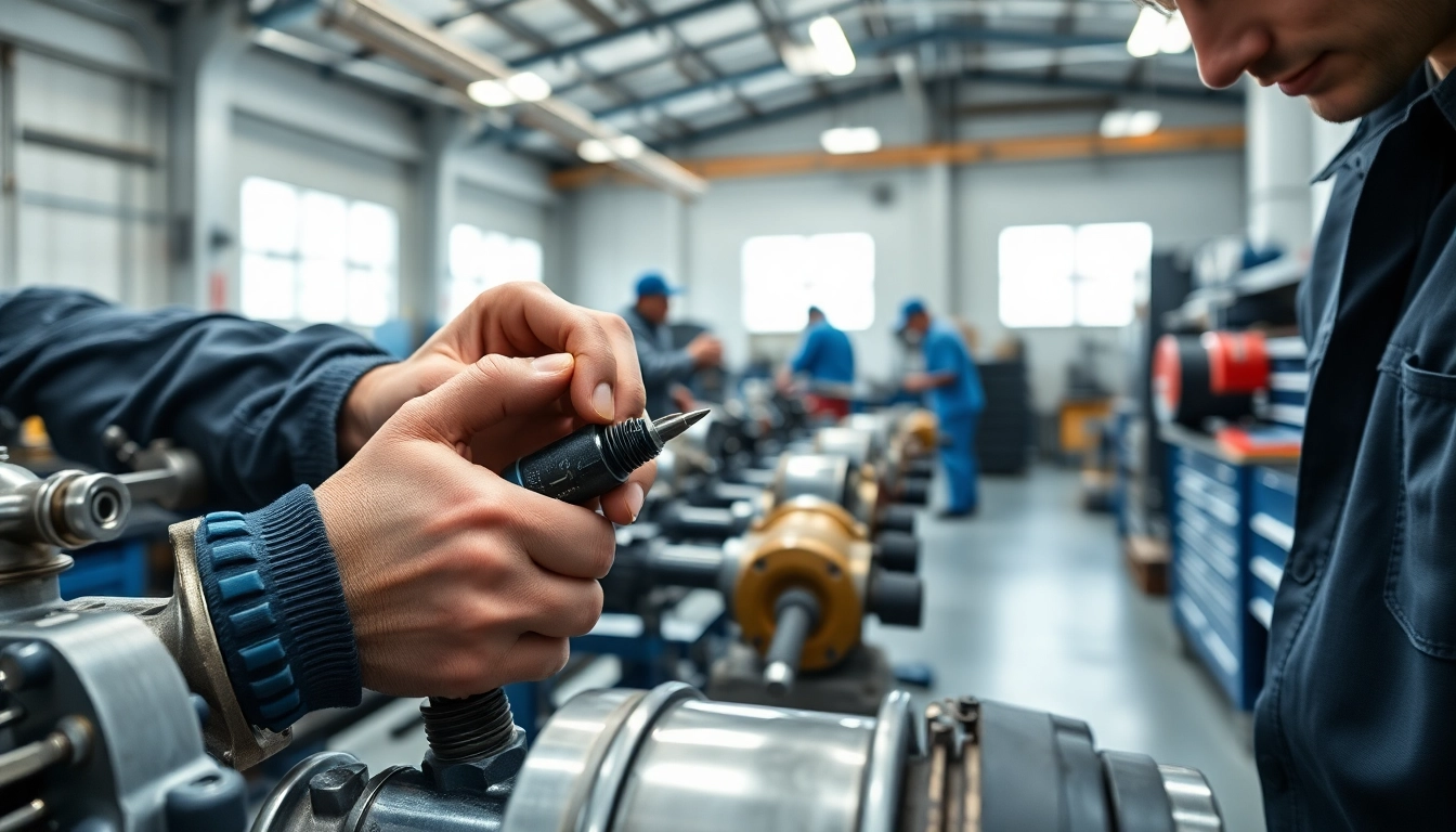 Technicians providing hydraulic repair services in a modern workshop.