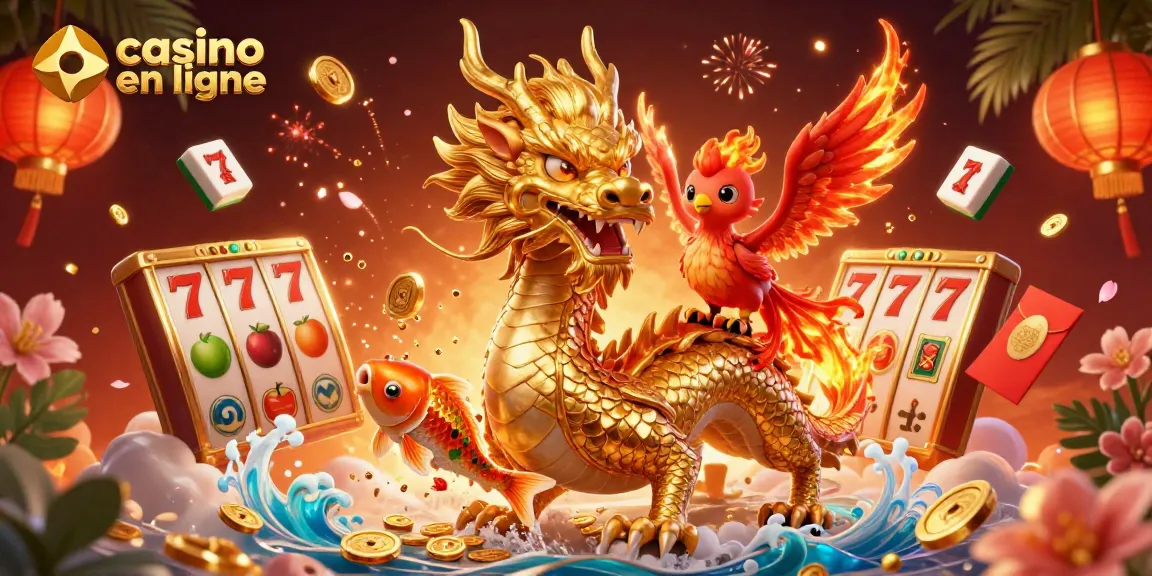 Jouez sur casino en ligne avec un dragon doré et un phénix enflammé, entourés de machines à sous.