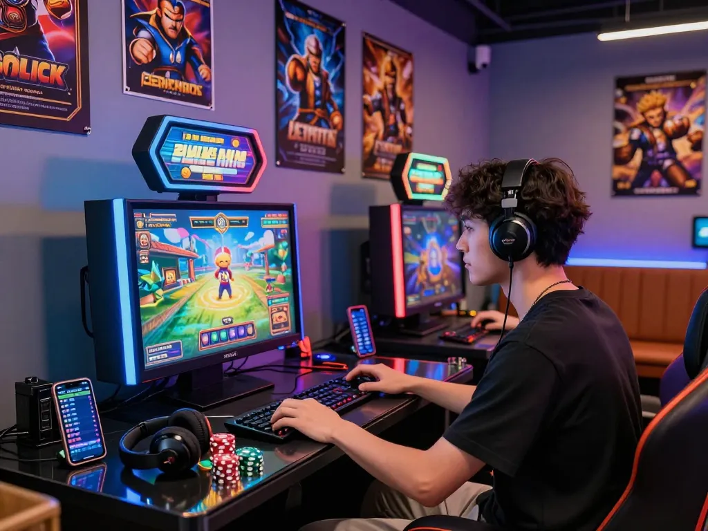 Suasana permainan yang menarik dengan pemain yang terlibat dalam permainan link slot, pencahayaan LED yang cerah dan dekorasi yang stylish.