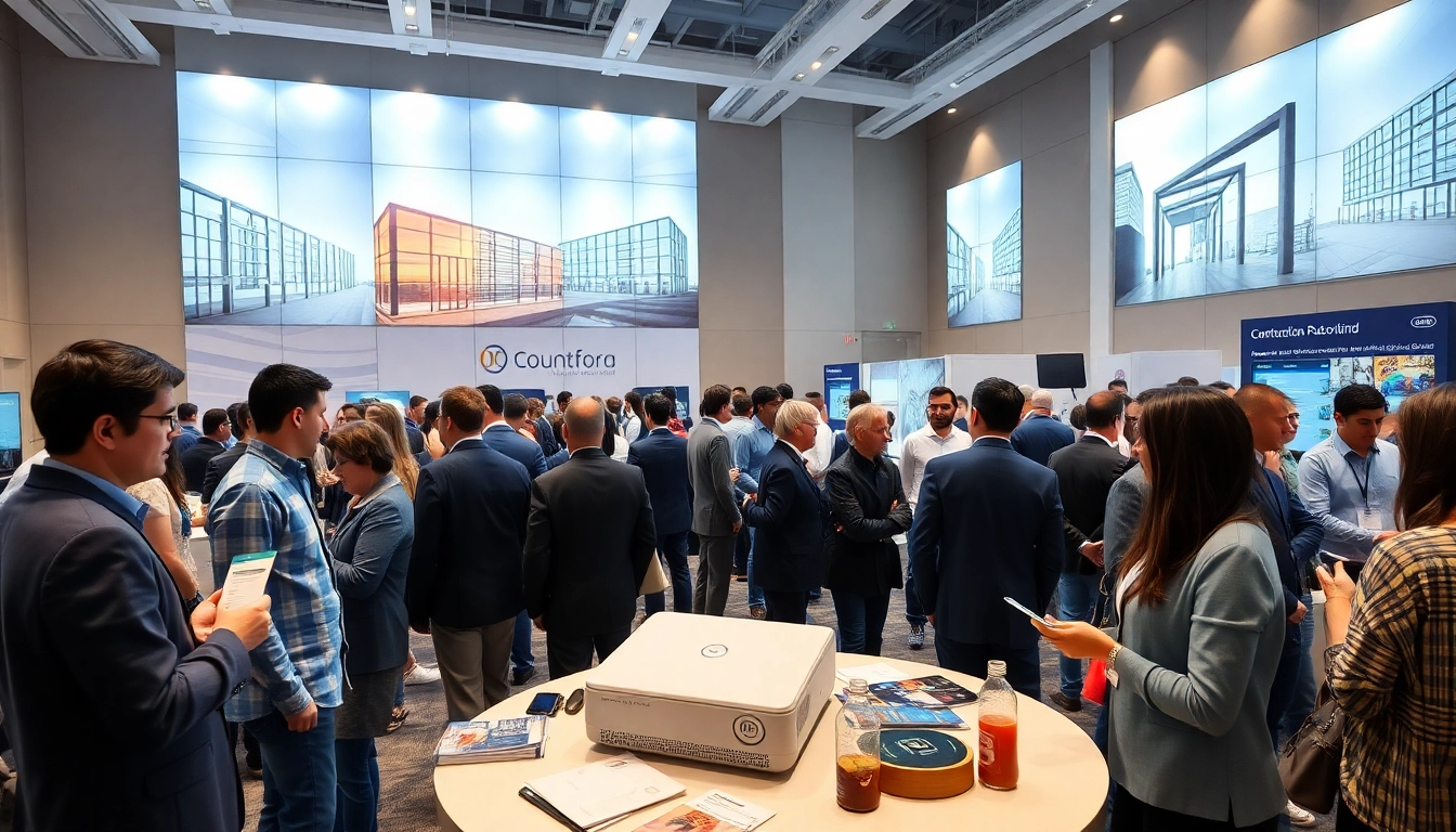 Engaged professionals exchanging ideas at construction networking events in a bright, modern setting.