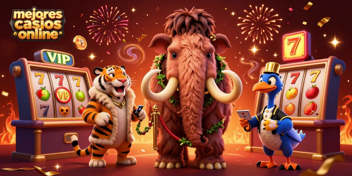 Descubre los mejores casinos online con una ilustración emocionante de un mamut, un tigre y un dodo.