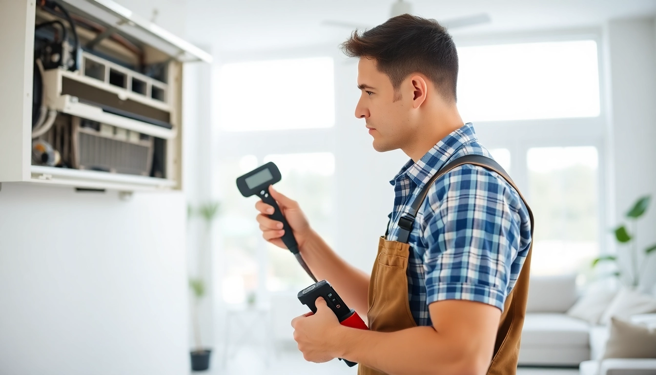Technician performing heating and cooling services in a modern home, showcasing expertise and professionalism.