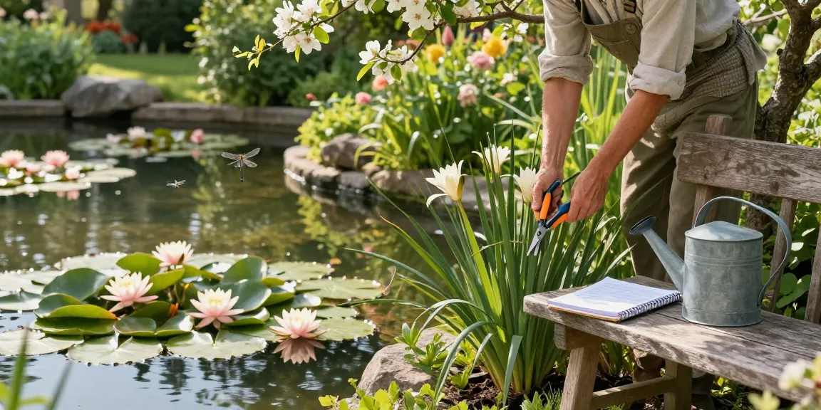 Water Lilies blooming in a tranquil pond with a gardener tending the plants, creating a serene garden atmosphere.