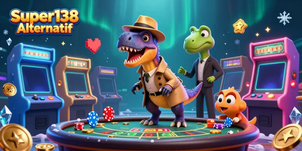 Experience fun at Super138 Alternatif with a velociraptor card counter amidst casino action.