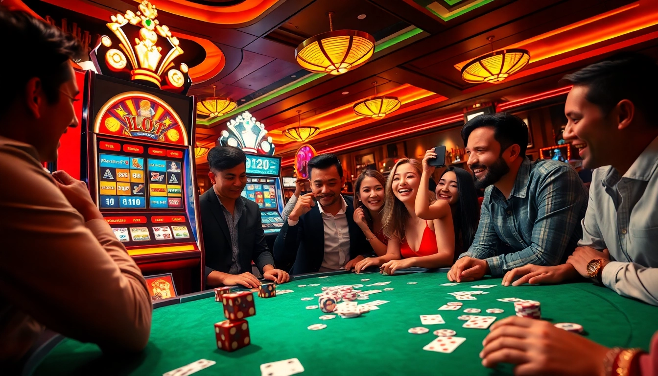 Excited players enjoying slot demo scatter hitam at a vibrant casino.