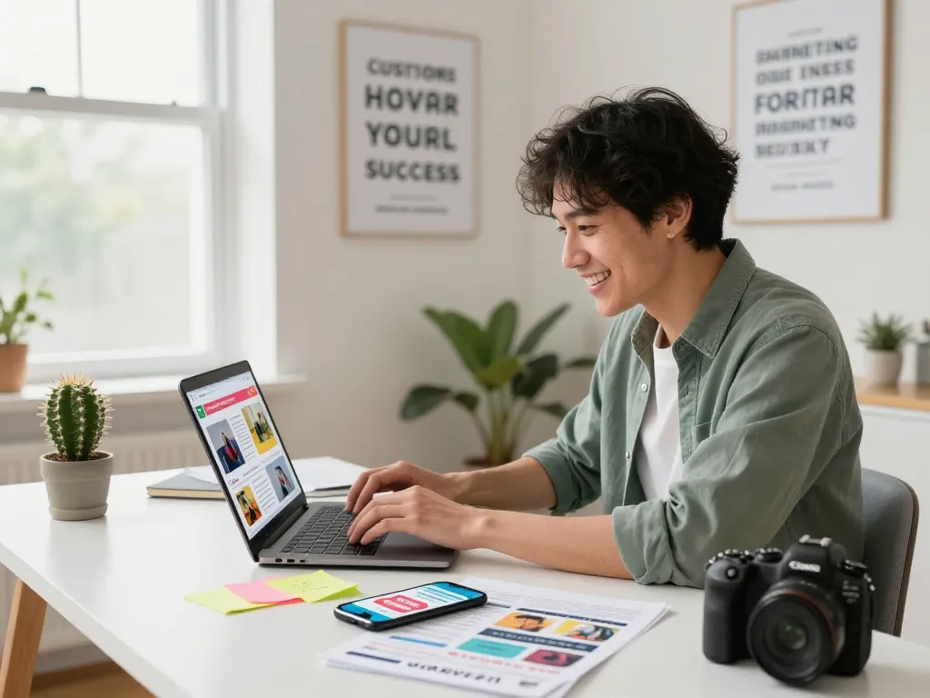 Exciting hubet88 newsletter signup in a bright home office, showcasing vibrant promotional materials and a passionate user engaging with sales updates.