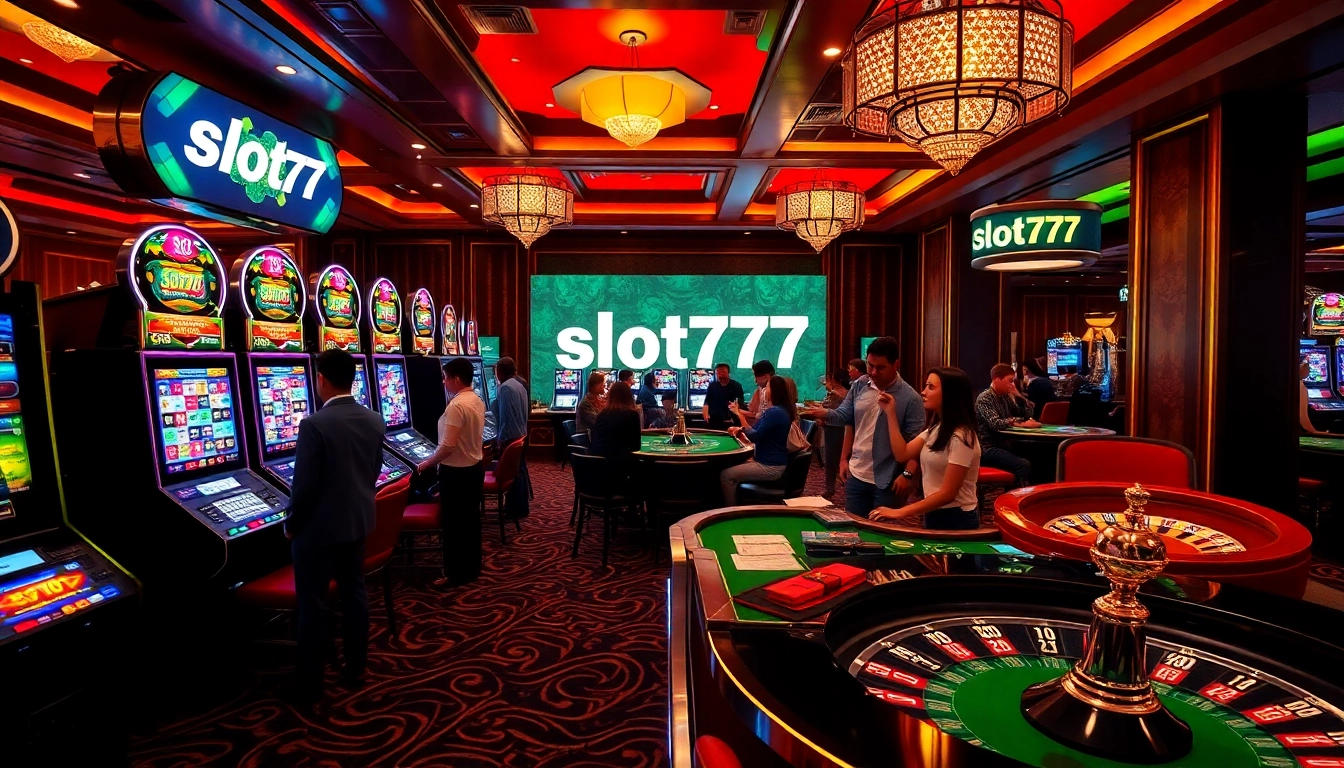 Engaged players enjoy slot777 games at a luxurious casino with vibrant machines and roulette.