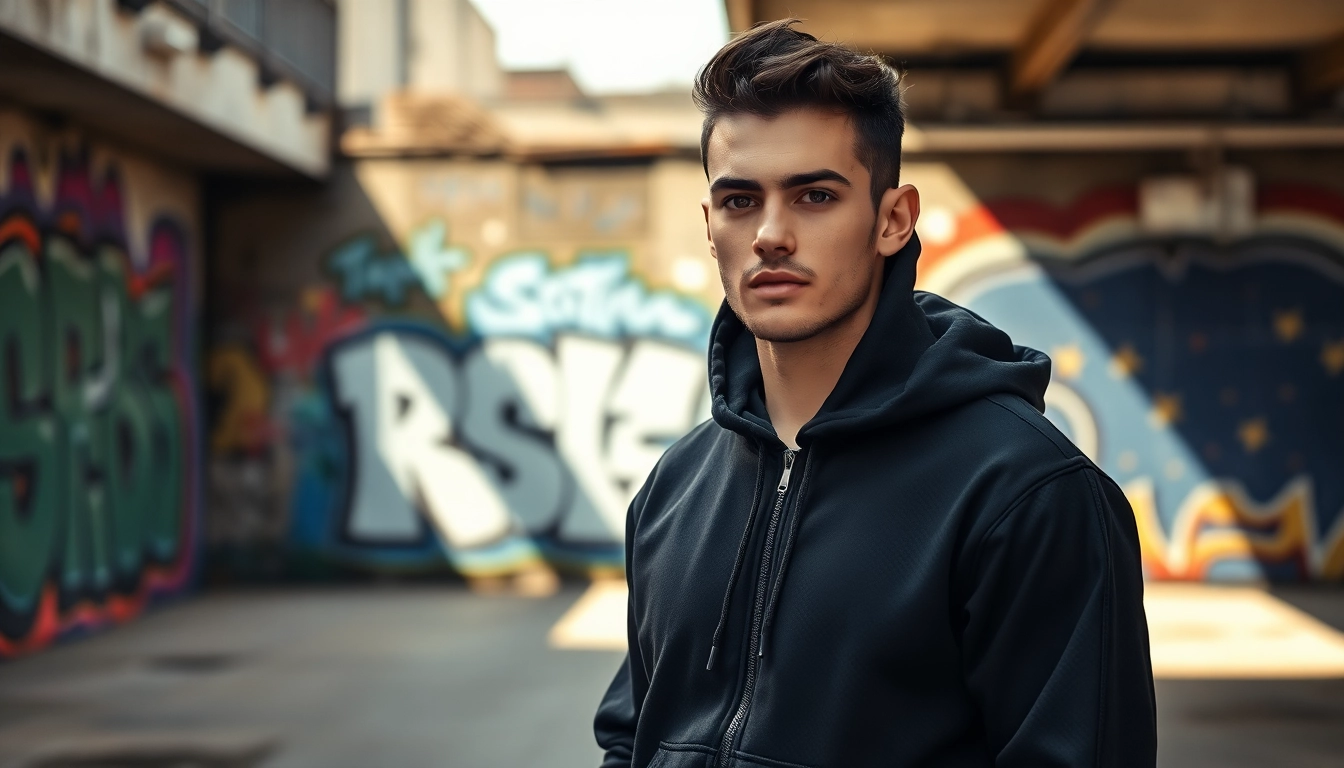 Model showcases a black zip up hoodie against a vibrant street mural background.