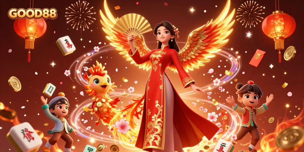 Experience excitement with GOOD88 in this vibrant illustration showcasing casino elements and festive imagery.