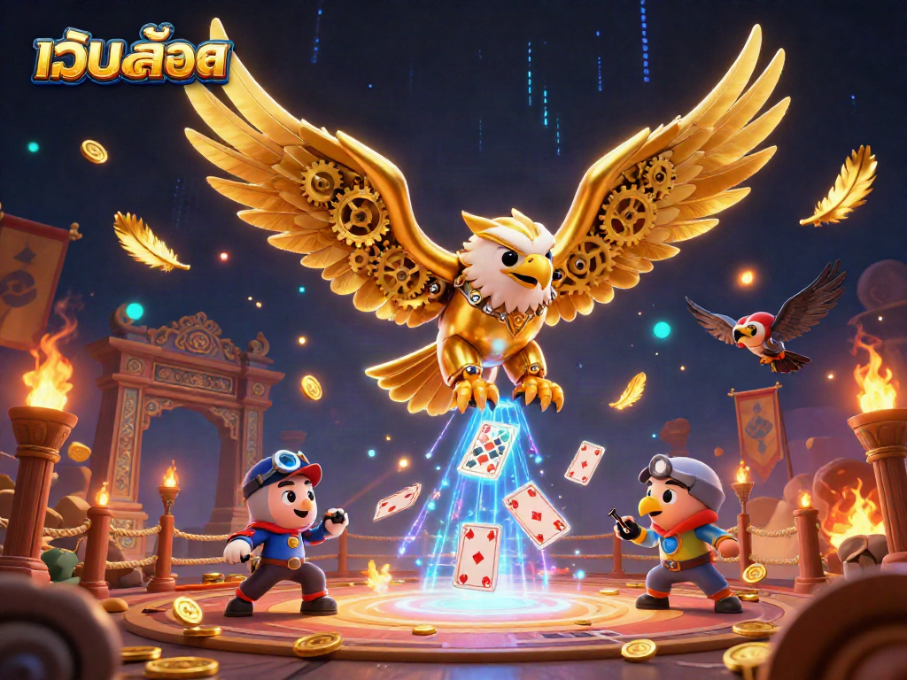 Experience thrilling เว็บสล็อต action with a dynamic dive of a cybernetic eagle and playing cards.
