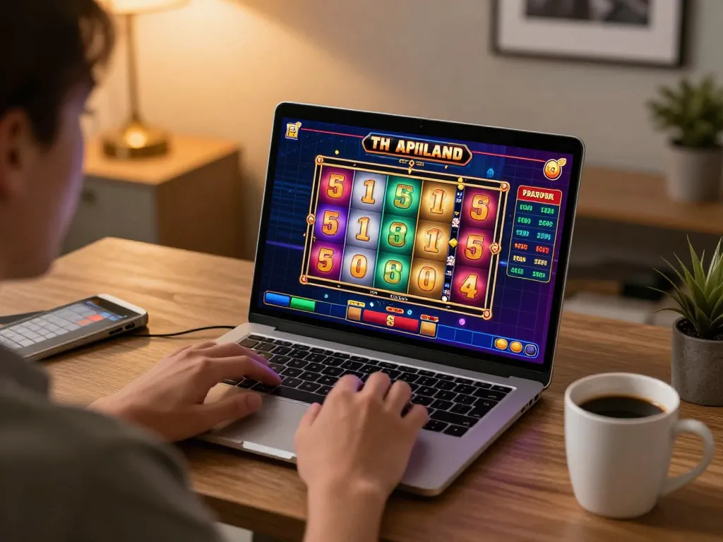 Engaging gameplay on slot server thailand in a cozy home office setting, showcasing strategic online gaming.