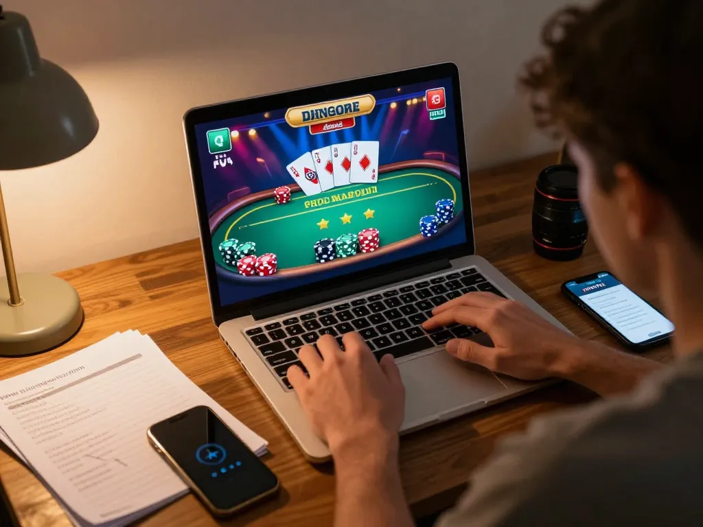 Player enjoying a poker game on JPROYAL app, chips and cards displayed on the screen in a cozy setting.