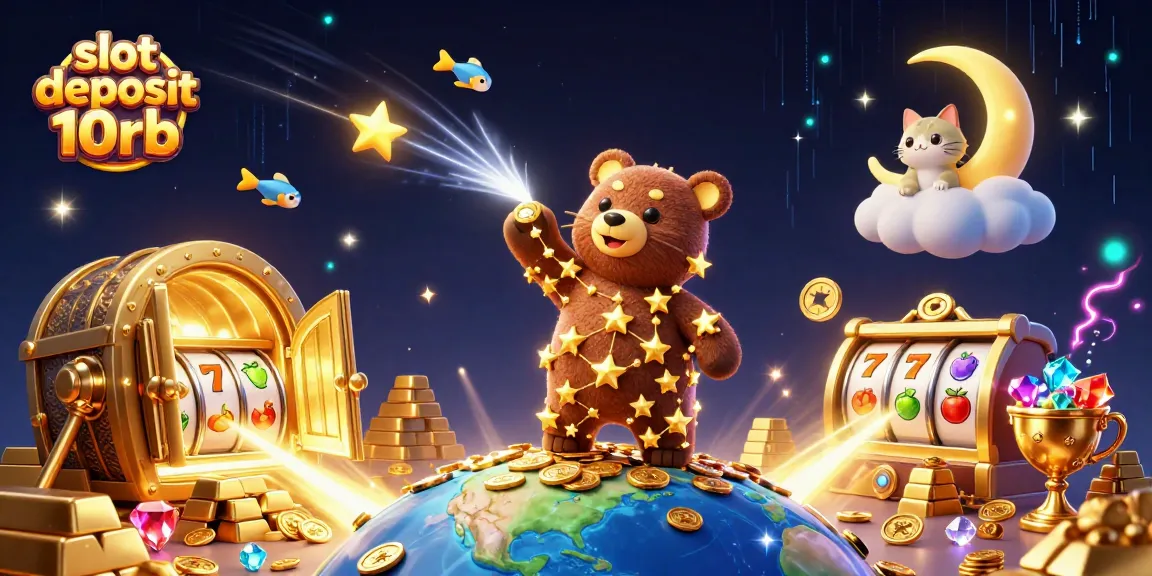 Engage with the slot deposit 10rb experience, capturing treasures in a vibrant casino-inspired illustration.