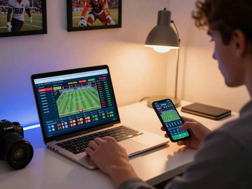 Engaging user placing bets on Canada online casinos reddit via laptop with real-time sports odds visible.