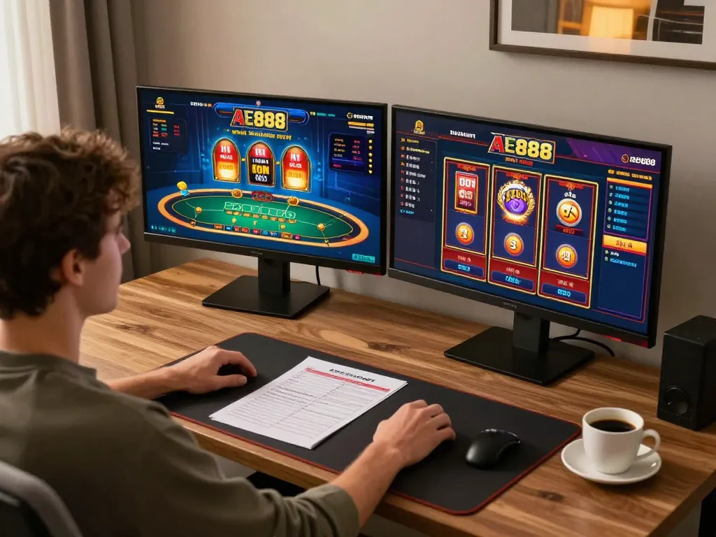 Player strategizing and enjoying AE888 online casino games from a cozy home office setup