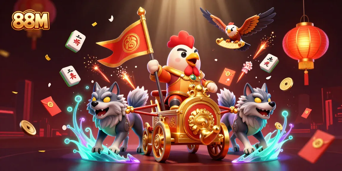 Experience thrilling gameplay with 88M's vibrant 3D illustration of a rooster warlord and golden rewards.