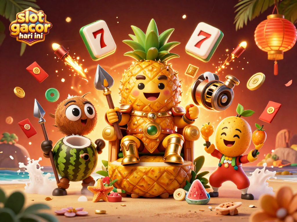Experience the thrill of slot gacor hari ini with vibrant characters and casino elements in a lively beach scene.