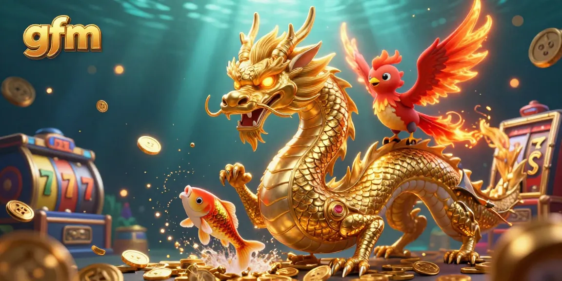 Experience thrilling magic at gfm with a golden dragon, phoenix, and koi fish amidst vibrant gaming elements.