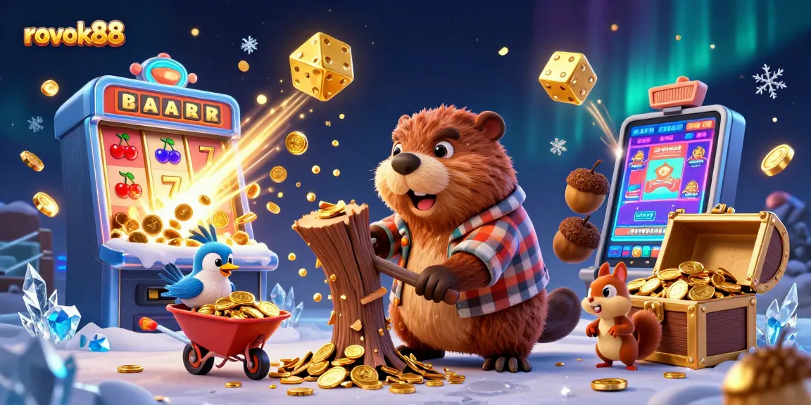 Experience the vibrant casino world of rokok88 with golden coins raining down and animated characters.