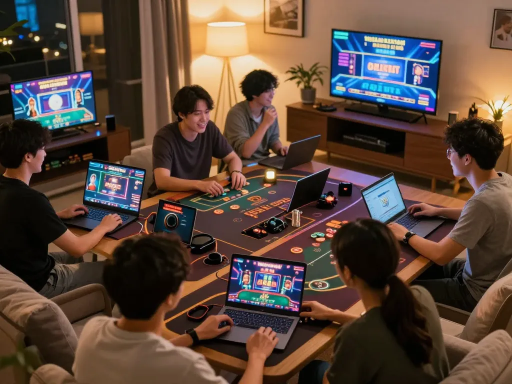 B52 club players enjoying thrilling online casino games in a cozy home setting.
