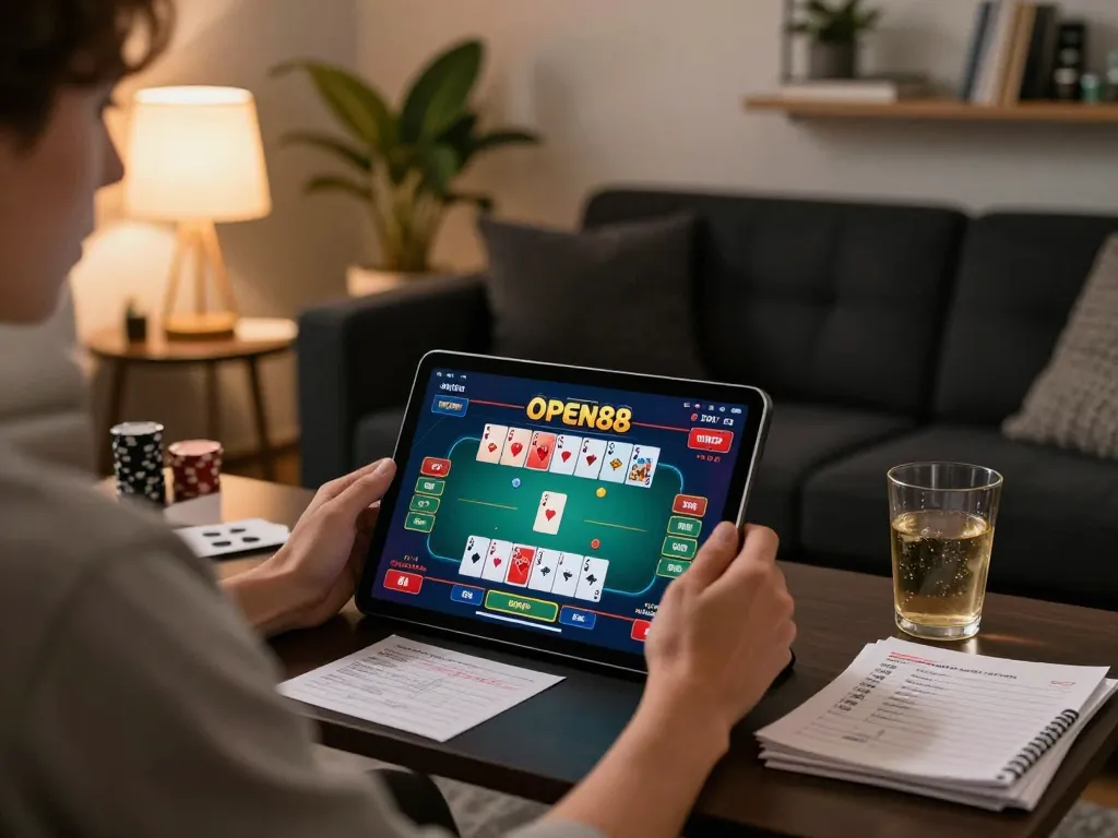 Engaged player using open88 on a tablet at home for a strategic poker game.