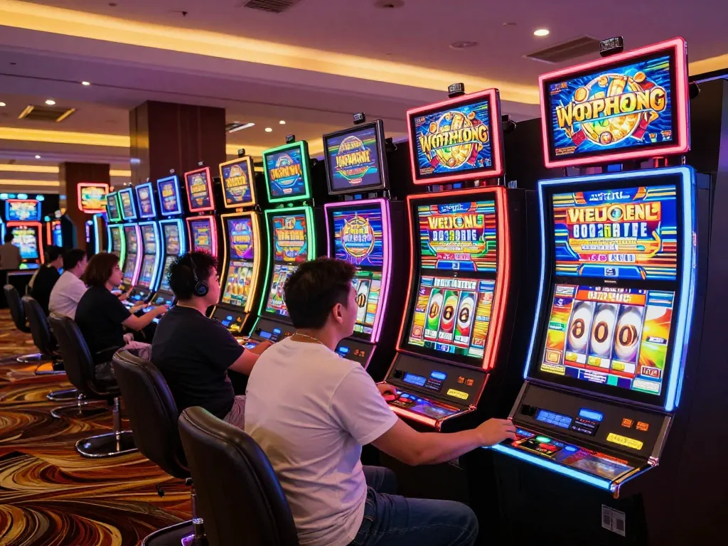 Players enjoying the excitement of slot777 machines in a lively casino setting