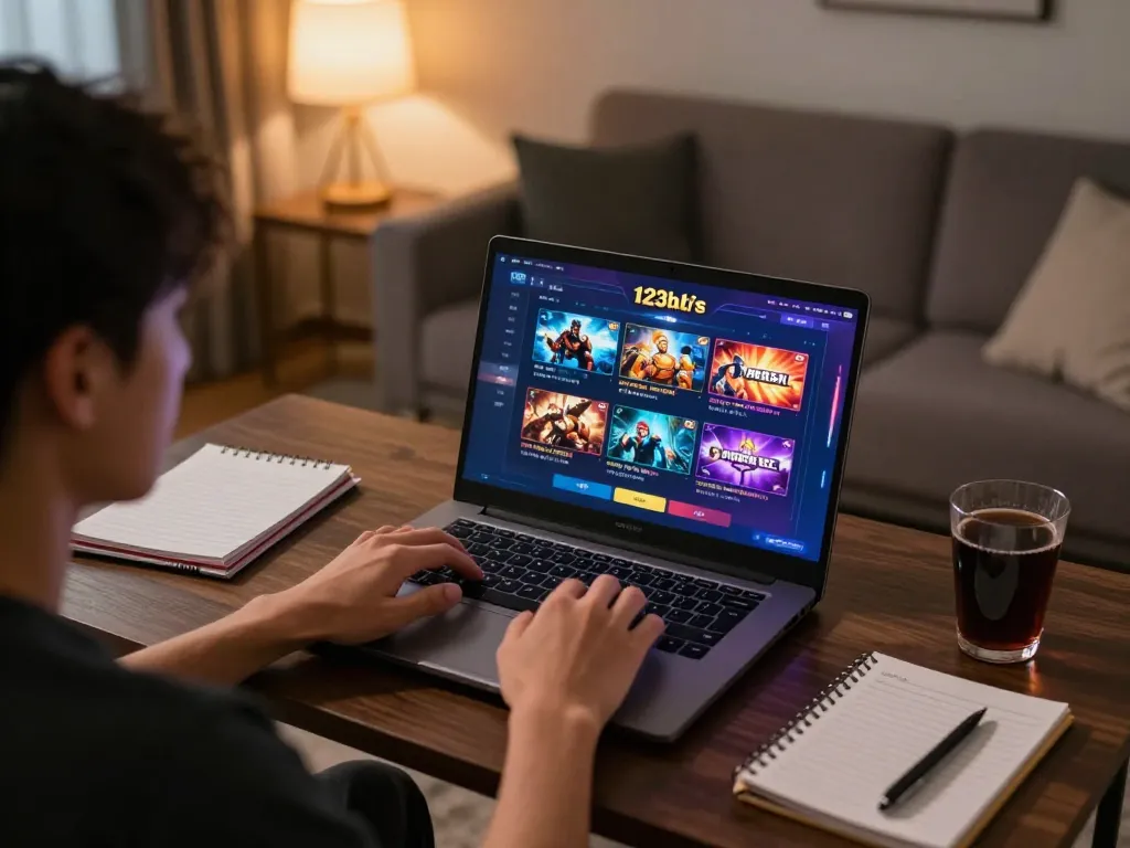 Engaging player using 123b online casino interface on a laptop in cozy home setting.