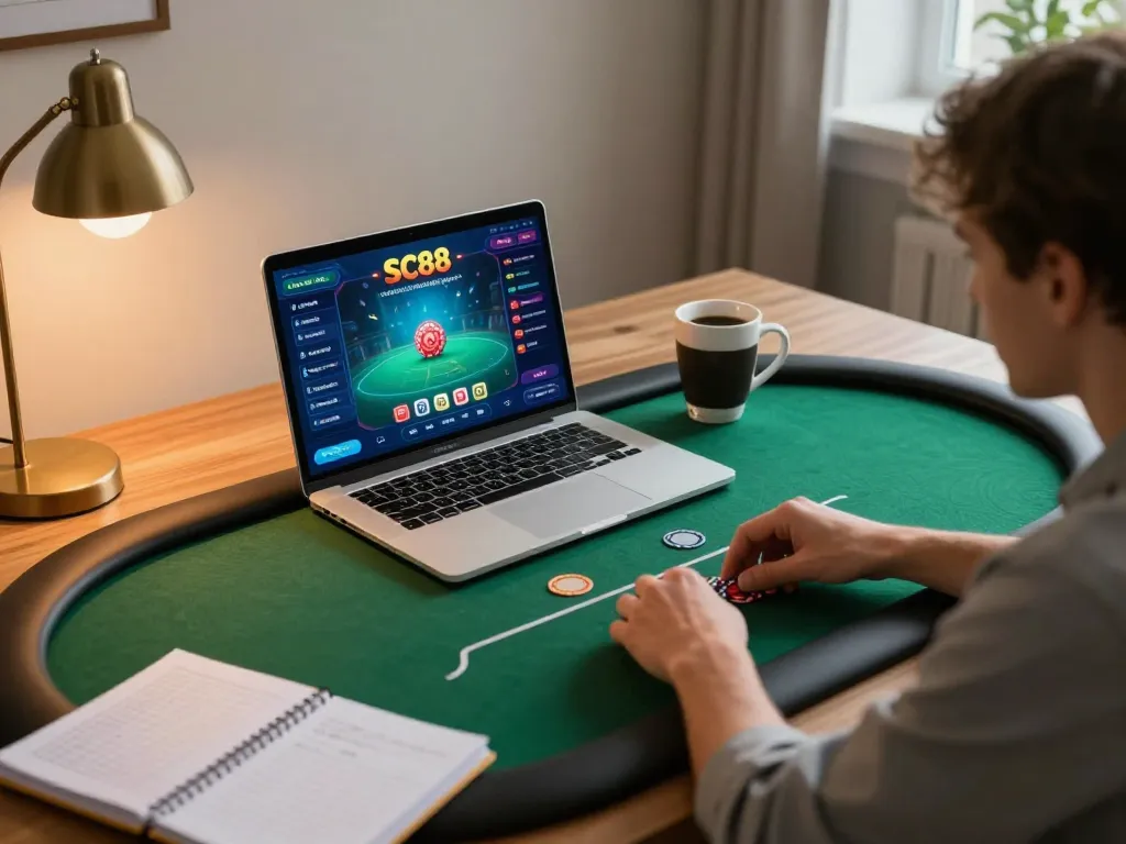 Engaging in online poker gameplay at home with SC88, showcasing strategic notes and a cozy atmosphere