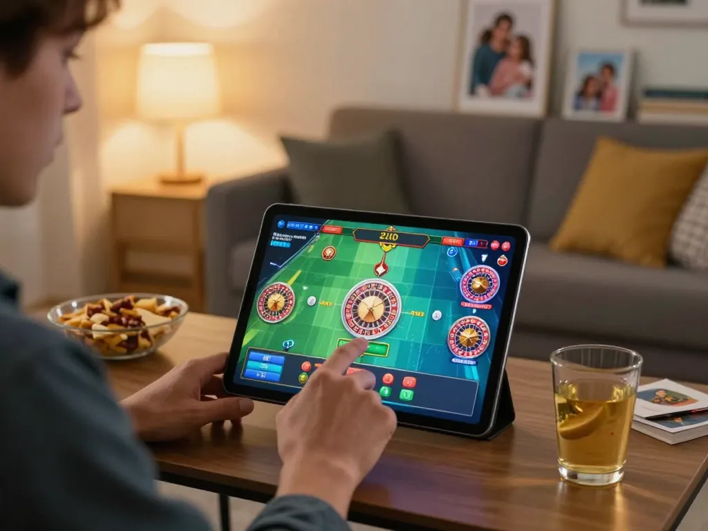 Engaging player enjoying tg8 roulette game on tablet in cozy living room setting, showcasing responsible gaming.
